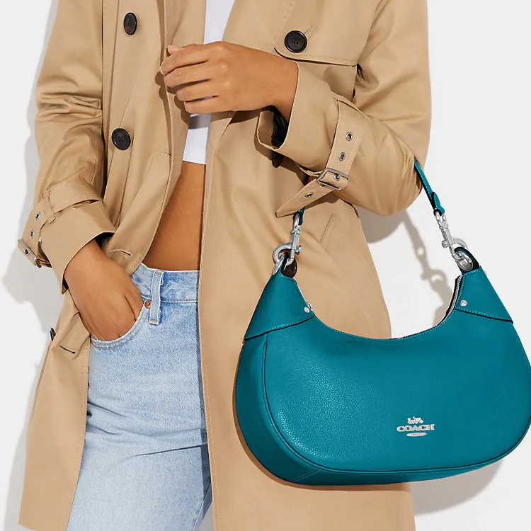 COACH Hobo Pebbled Leather Crescent Bag Shoulder Bag Handbag Shoulder Bag Women's Azure Blue-3