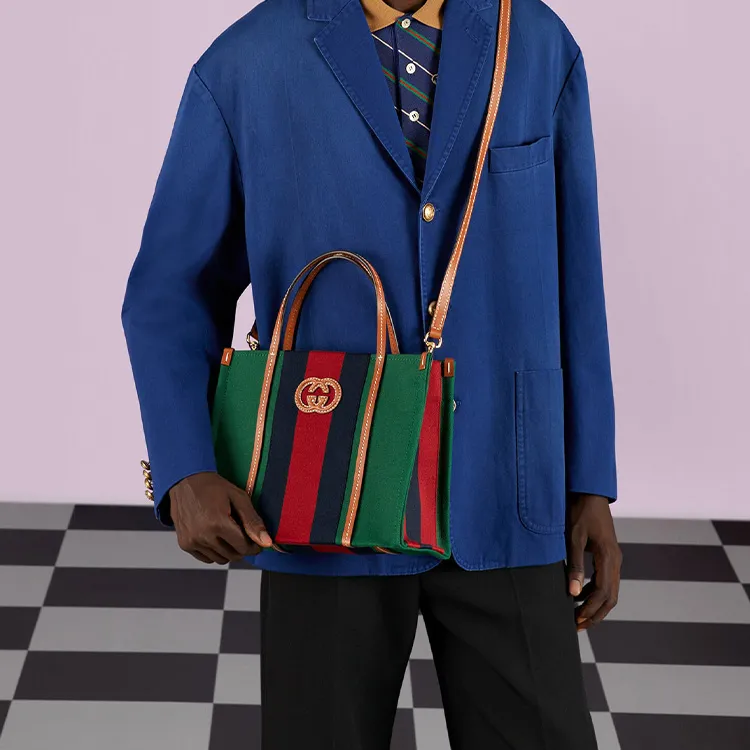 GUCCI Cotton Fabric With Leather Tote Bag Shopping Bag Handbag Small Size Women's Green/Red/Dark Blue-11
