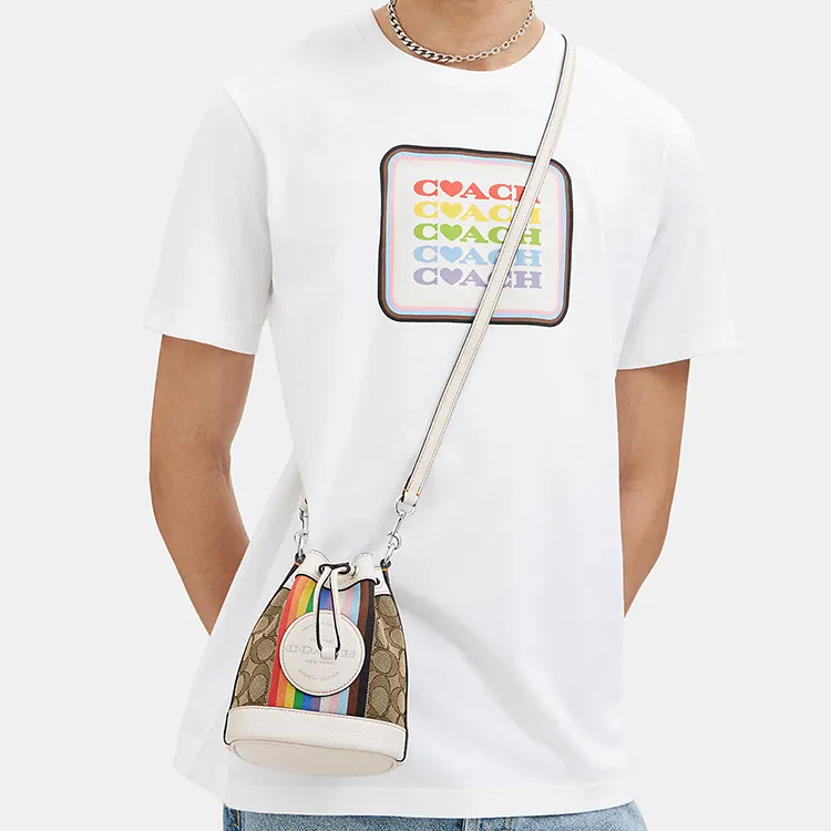 COACH Dempsey Canvas With Leather Bucket Bag, Shoulder Bag, Crossbody Bag Mini Women's Brown & White-4