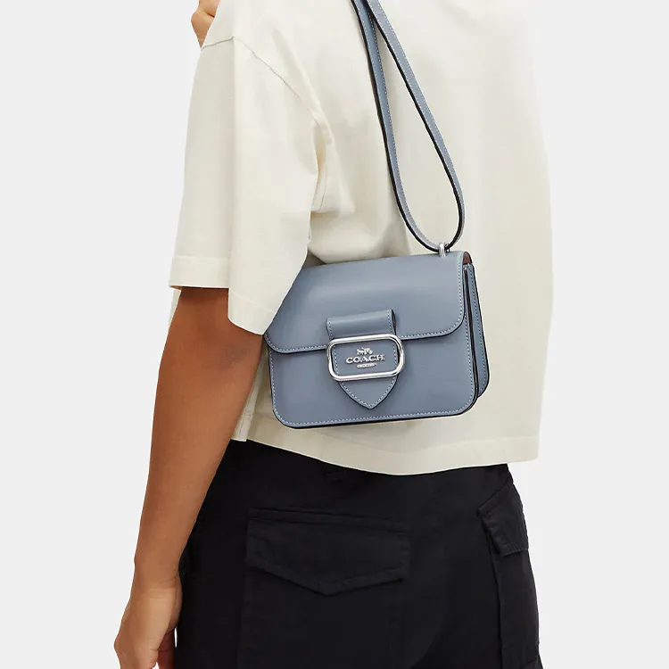 COACH Calfskin Square Bag, Shoulder Bag, Crossbody Bag Trumpets Women's Light Gray Blue-4