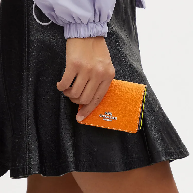 COACH Cross Grain Leather Shoulder Bag, Crossbody Bag, Wallet Mini Women's Orange & Purple-3