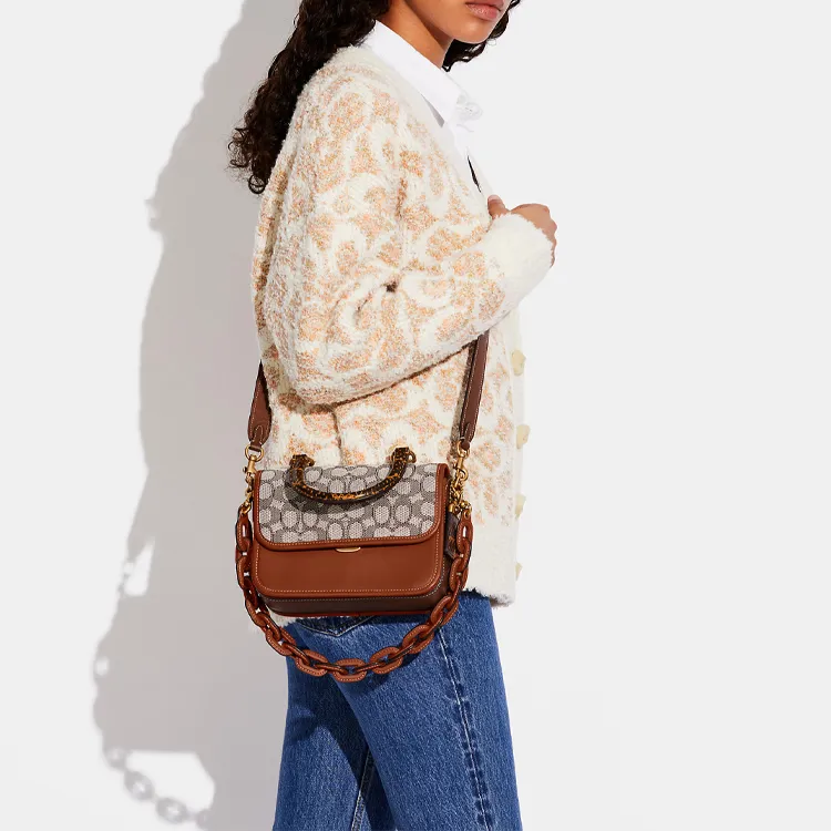 COACH Rogue Leather Small Square Bag, Crossbody Handbag Trumpets Women's Caramel Brown-4