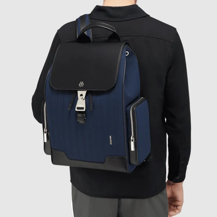 RIMOWA Never Still Canvas And Full Grain Leather Backpack Tubas Unisex Marine Blue With Black-4
