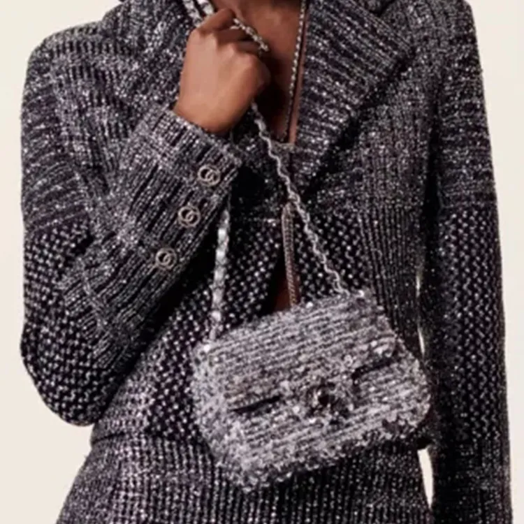 CHANEL Embroidered Satin Sequins Flap Bag, Shoulder Bag, Crossbody Bag Mini Women's Silver-6