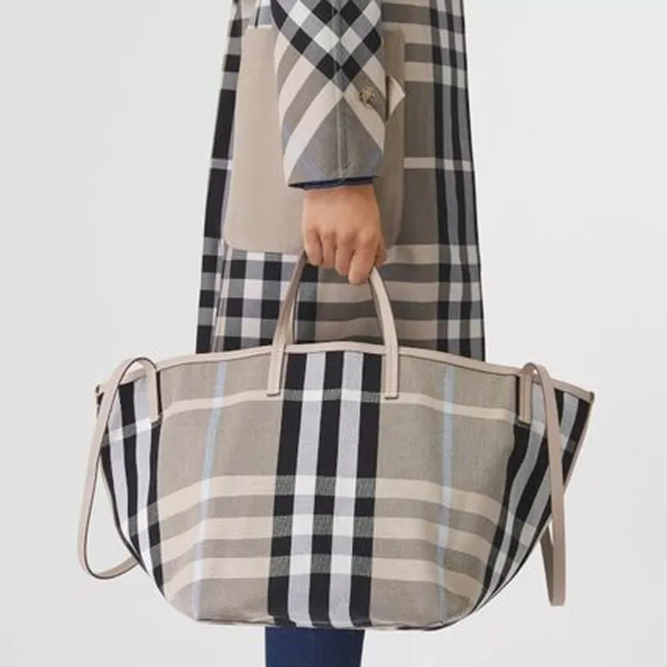 Burberry Plaid Canvas Beach Bag Tote Bag Shopping Bag Handbag Unisex Light Brown-4