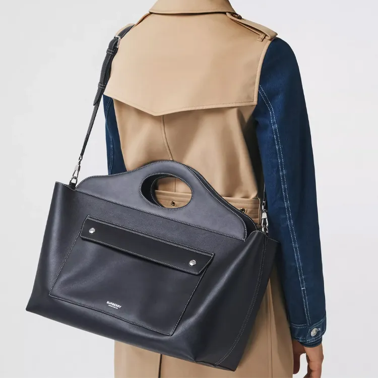 Burberry Pocket Bag Leather Tote Bag Shopping Bag Handbag Women's Black-6