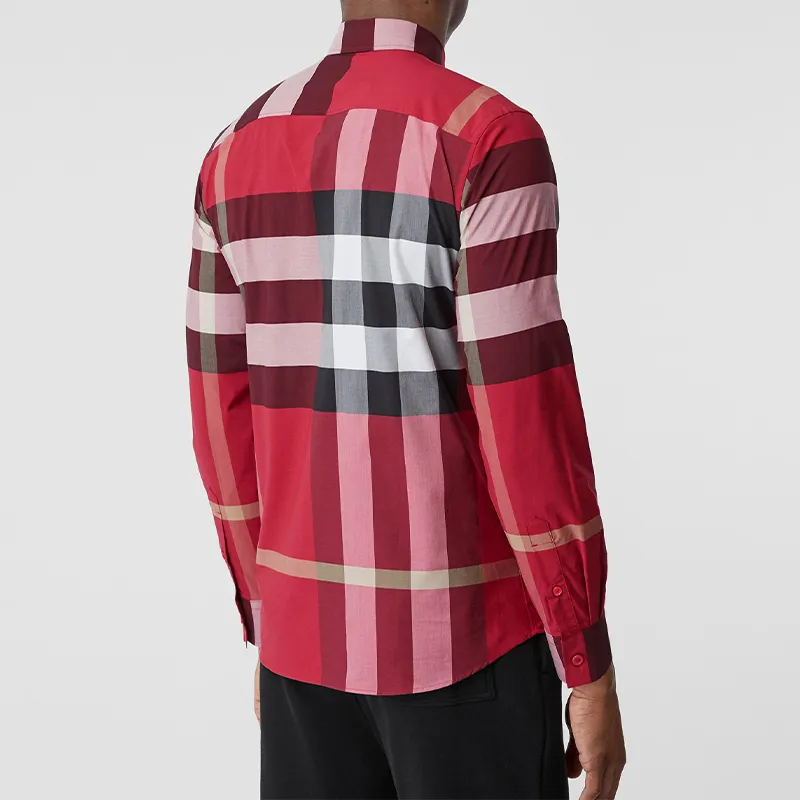 Burberry Men Check Stretch Cotton Poplin Shirt Parade Red-2
