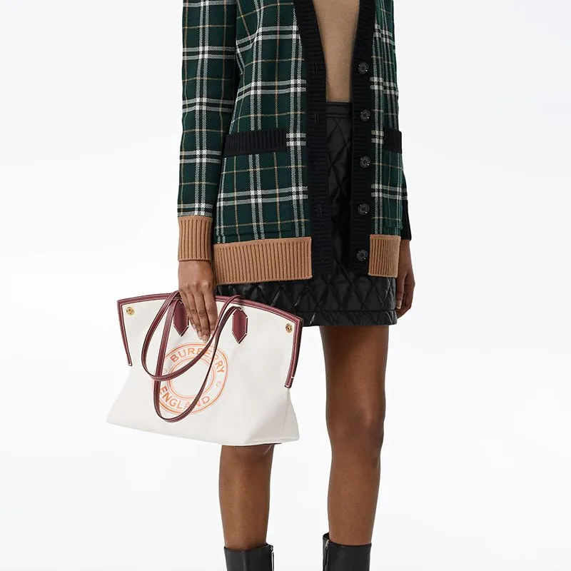 Burberry Cotton With Leather Tote Bag Shopping Bag Shoulder Bag Handbag Medium Size Women's Beige-4