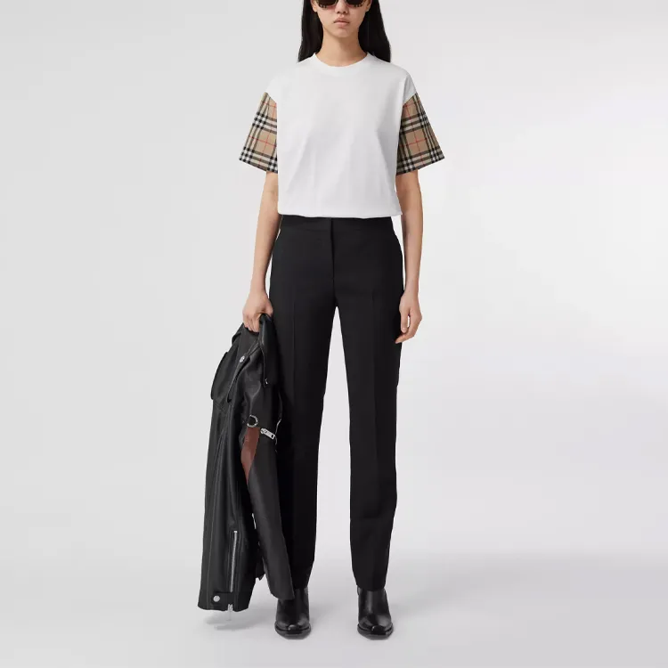 Burberry Vintage Check Sleeve Cotton Oversized Women's T Shirt White/Archive Beige-7