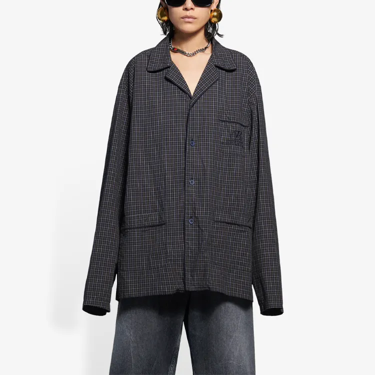Balenciaga Mirco Tartan Oversized Shirt 'Dark Navy/Khaki'-2