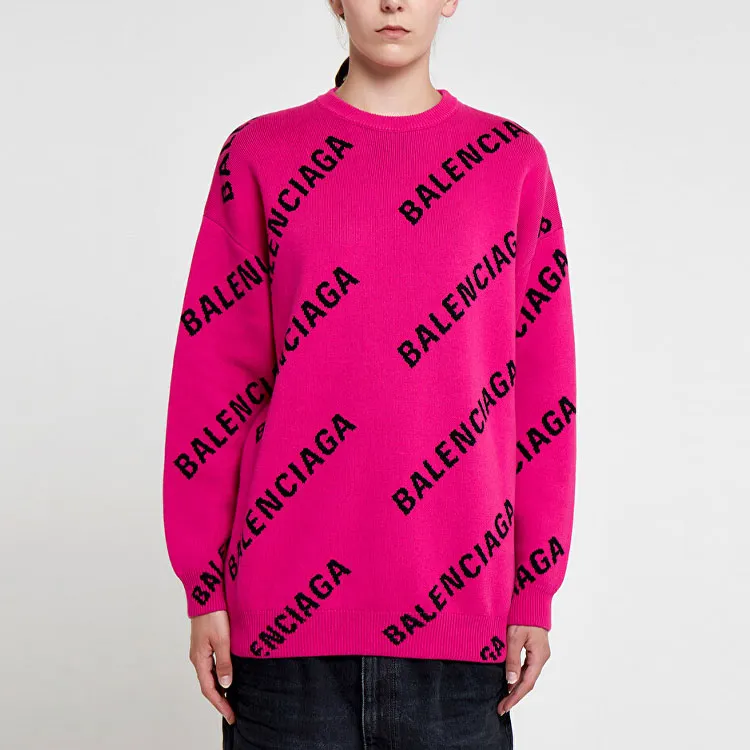 Balenciaga Oversized Intarsia All Over Logo Crewneck Pink Black-3