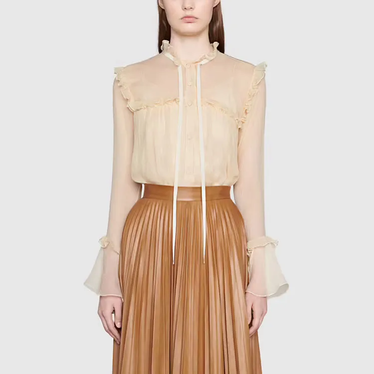 GUCCI SS21 Borderless Scrollwork Chiffon Shirts Women's Ecru-1