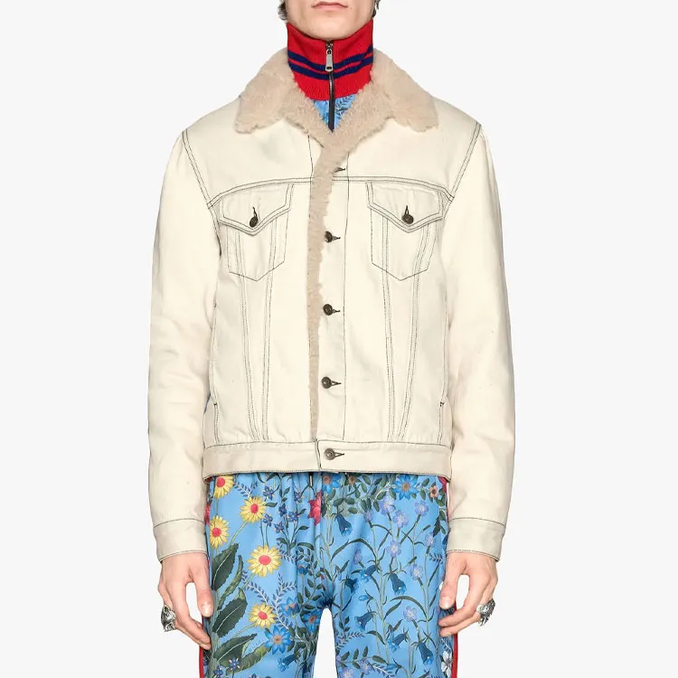 GUCCI Shearling Lined Denim Jacket With Sketch Snake Print-2