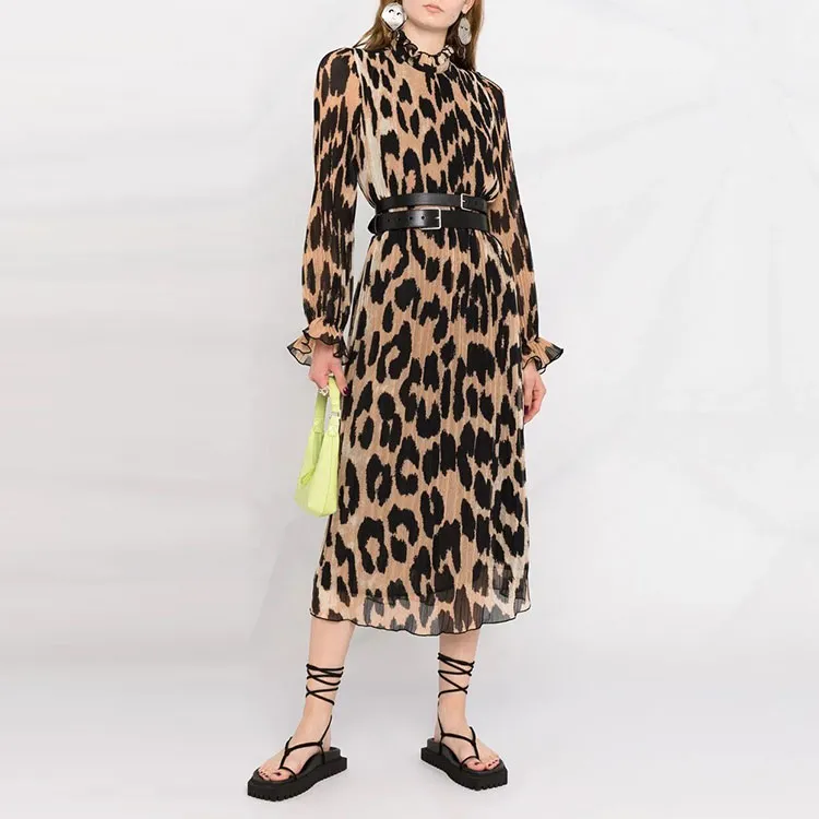 GANNI Pleated Georgette Dress 'Leopard'-1