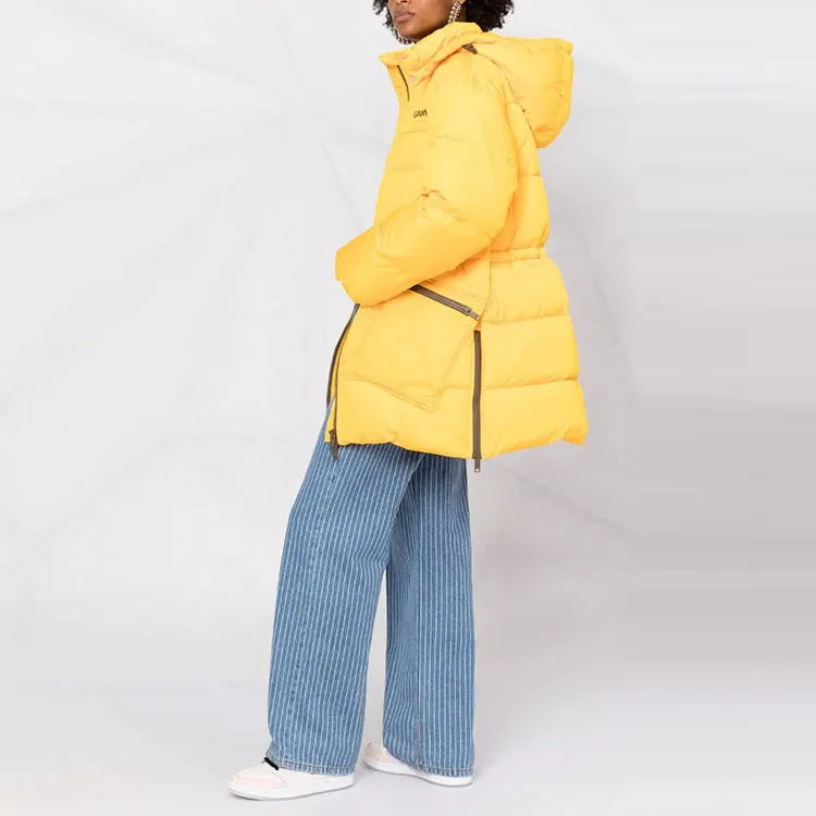 GANNI FW21 Letter Hooded Mid Length Puffer Jacket Women's Yellow-2