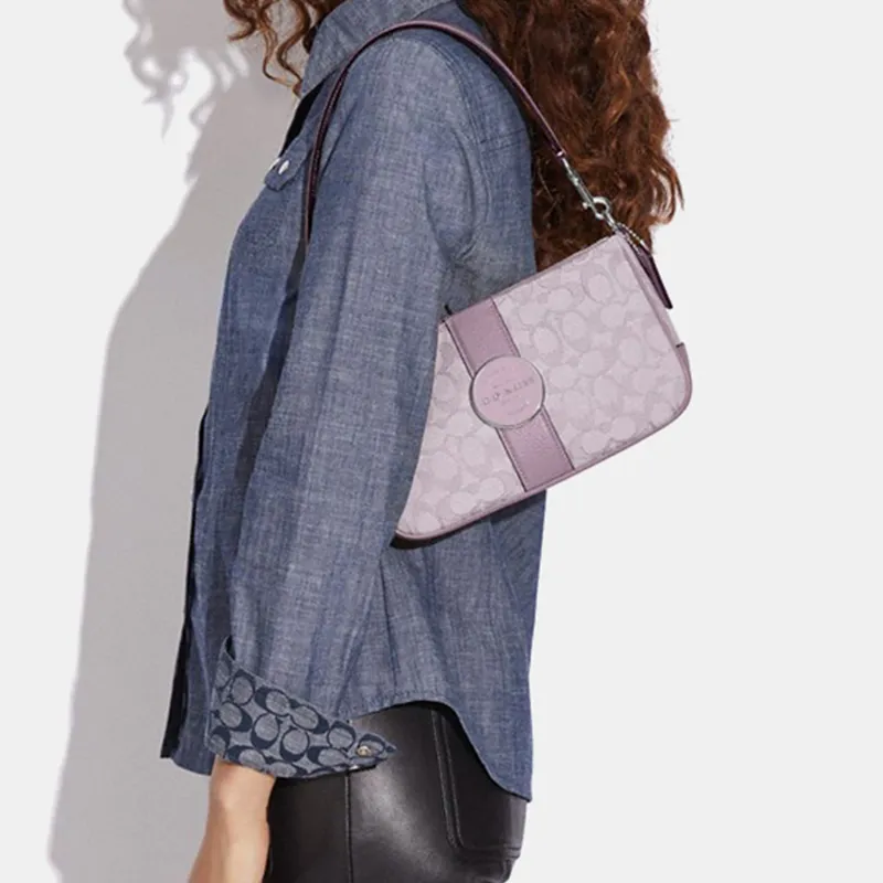 COACH Lonnie Jacquard Fabric With Leather Shoulder Bag Portable Crossbody Bag Shoulder Bag Women's Lilac Purple-4