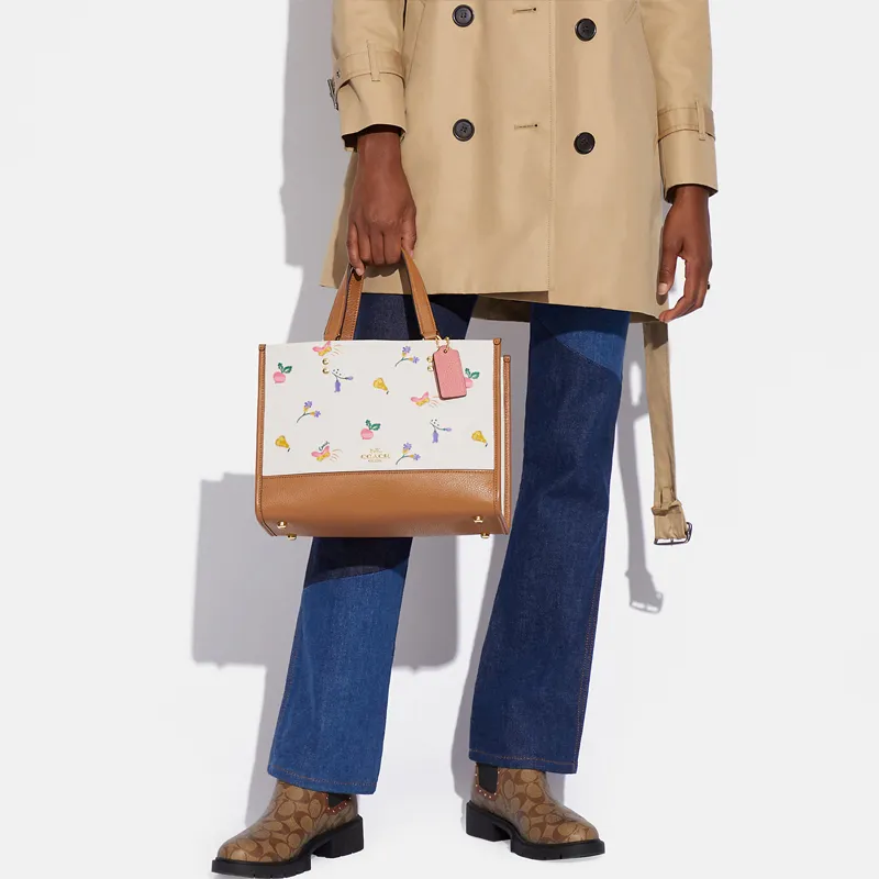 COACH Dempsey Coated Canvas With Leather Tote Bag, Shopping Bag, Handbag Tubas Women's Dark Khaki & Ecru-4