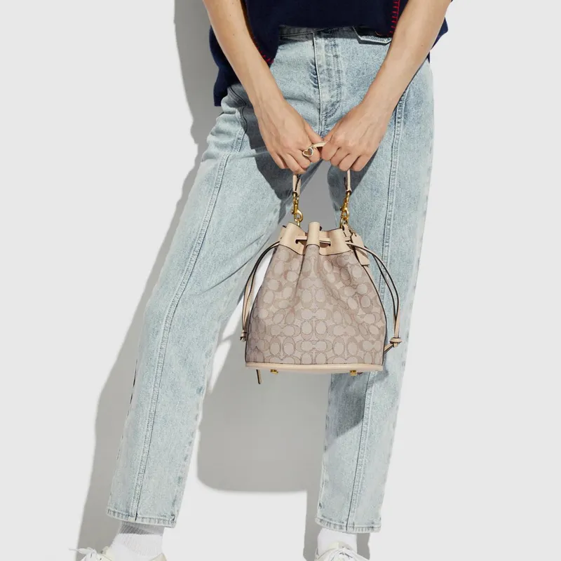 COACH Field Canvas With Leather Bucket Bag Canvas Bag Handbag Shoulder Bag Crossbody Bag Small Size Women's White-4