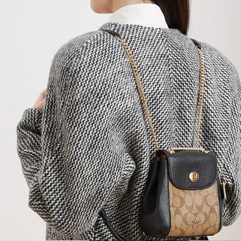 COACH Convertible Canvas With Leather Shoulder Bag, Crossbody Bag, Backpack Trumpets Women's Black Brown Multicolor-4
