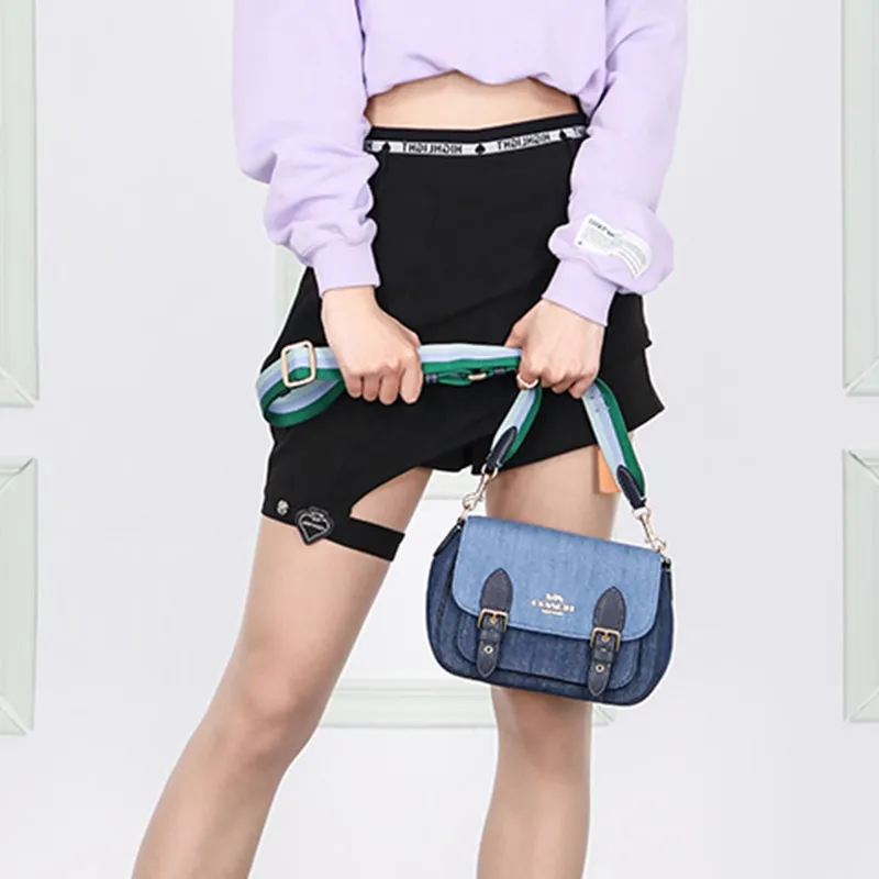 COACH Lucy Fabric Cow Leather Patchwork Shoulder Bag Crossbody Bag Small Size Women's Denim Blue-5