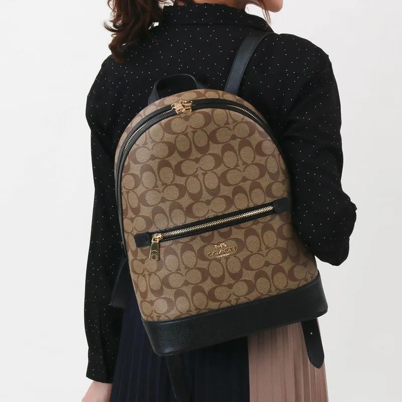 COACH Canvas Leather Backpack Large Size Women's Khaki Black Multicolor-3