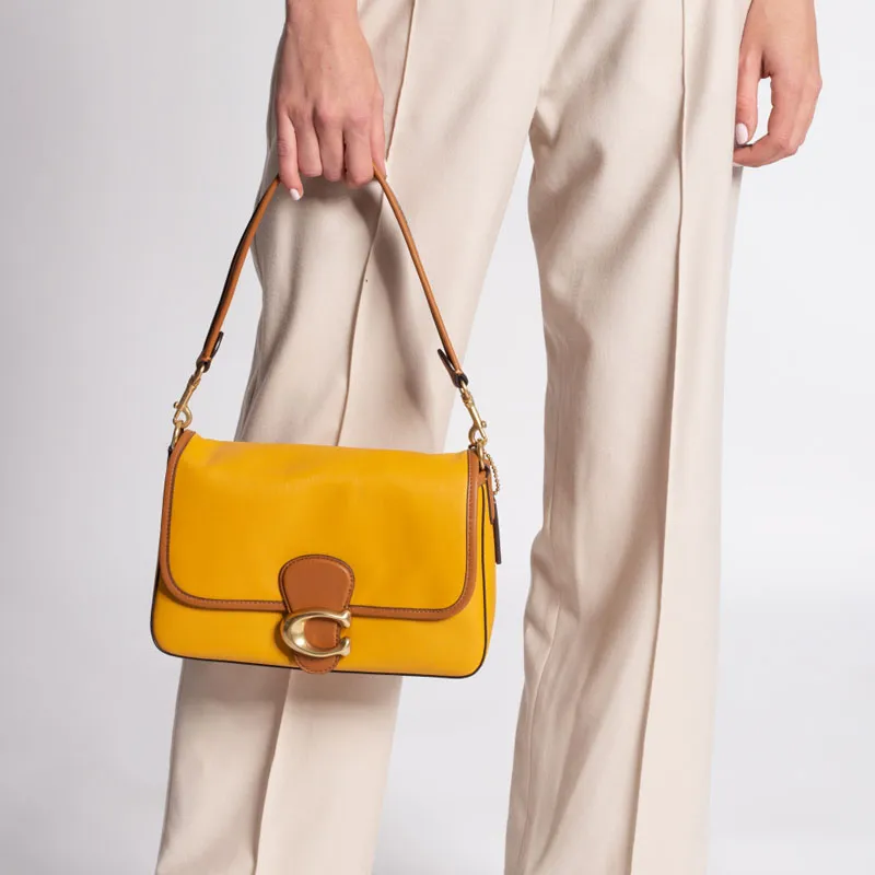 COACH Tabby Cow Leather Shoulder Bag, Portable Crossbody Bag Medium Size Women's Golden Phoenix Yellow & Umber-4