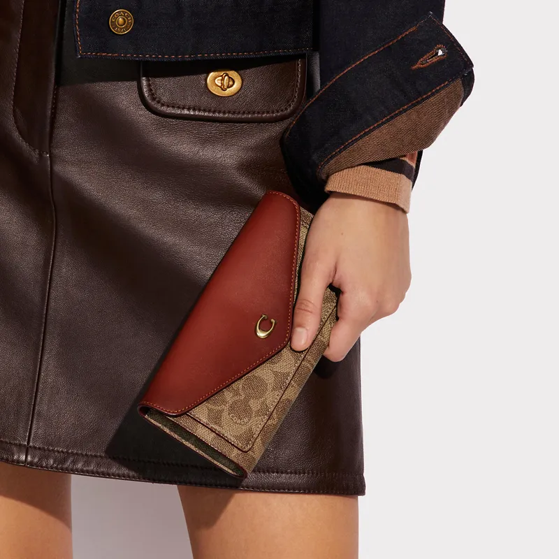 COACH Wyn Canvas With Leather Clutch Envelope Bag Wallet Women's Brown-3
