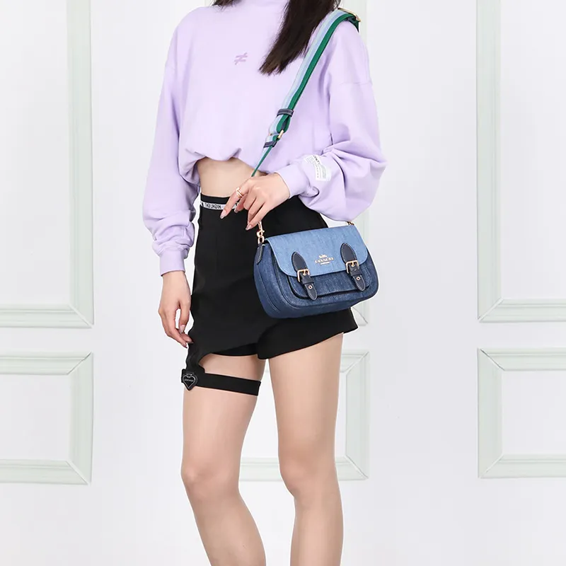 COACH Lucy Fabric Cow Leather Patchwork Shoulder Bag Crossbody Bag Small Size Women's Denim Blue-4