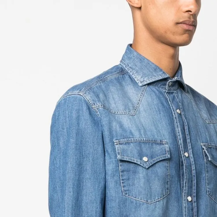 Brunello Cucinelli Button Up Straight Hem Denim Shirt-4