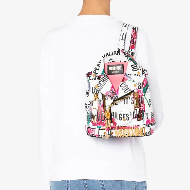 MOSCHINO Sheepskin Backpack Small Size Women's White Rose Red-3
