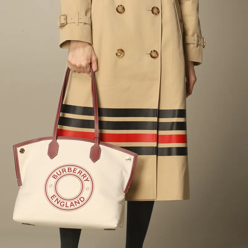 Burberry Cotton With Leather Tote Bag Shopping Bag Shoulder Bag Handbag Medium Size Women's Beige-3