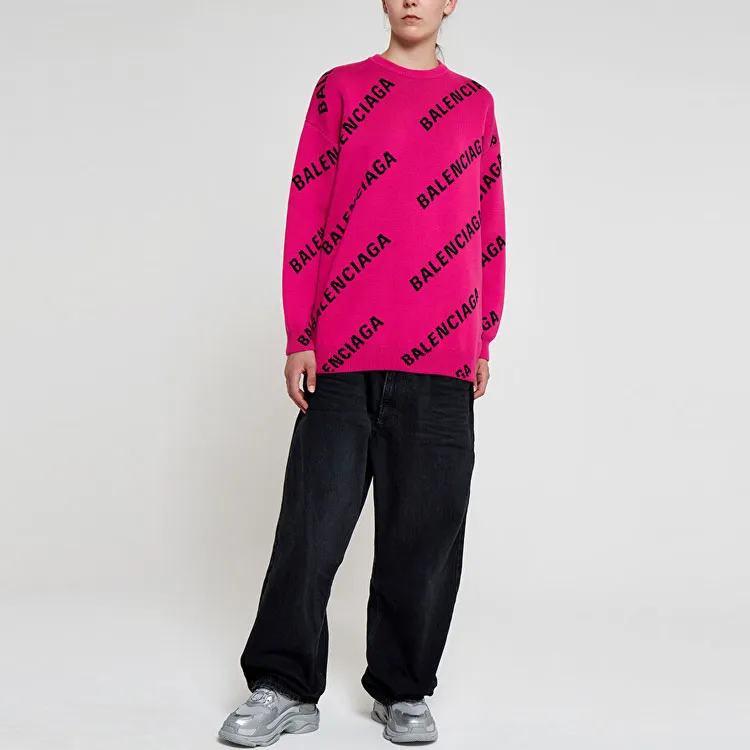 Balenciaga Oversized Intarsia All Over Logo Crewneck Pink Black-2