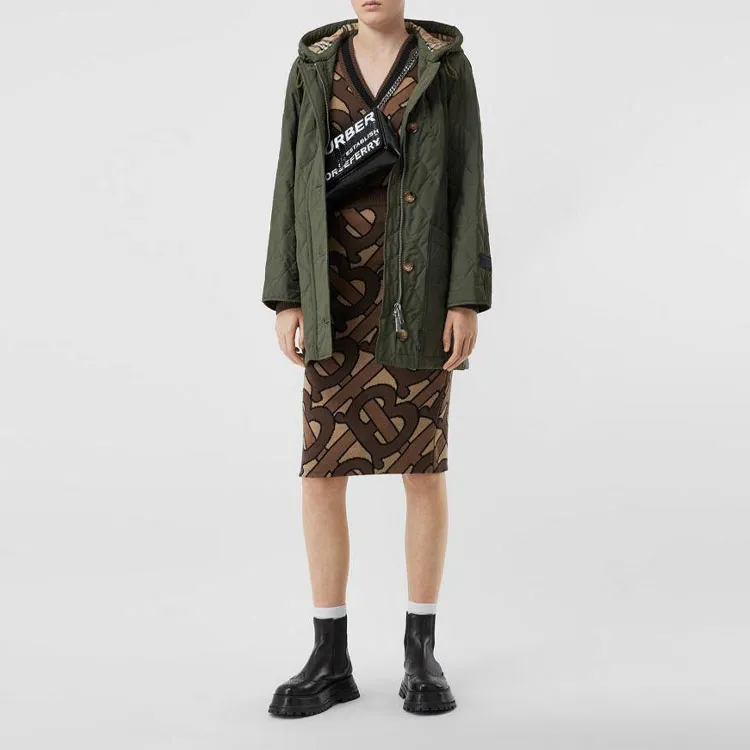 Burberry Solid Color Hooded Mid-Length Puffer Jacket Women's Army Green-1