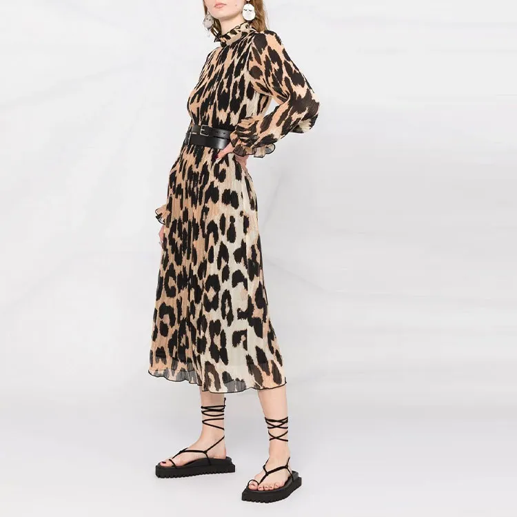 GANNI Pleated Georgette Dress 'Leopard'-3