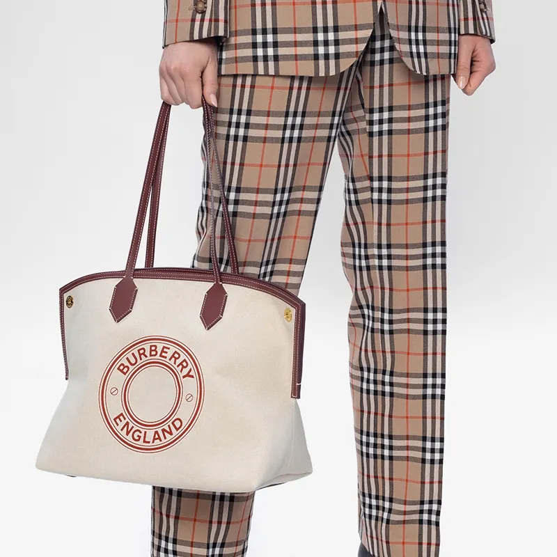 Burberry Cotton With Leather Tote Bag Shopping Bag Shoulder Bag Handbag Medium Size Women's Beige-5