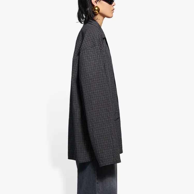 Balenciaga Mirco Tartan Oversized Shirt 'Dark Navy/Khaki'-3