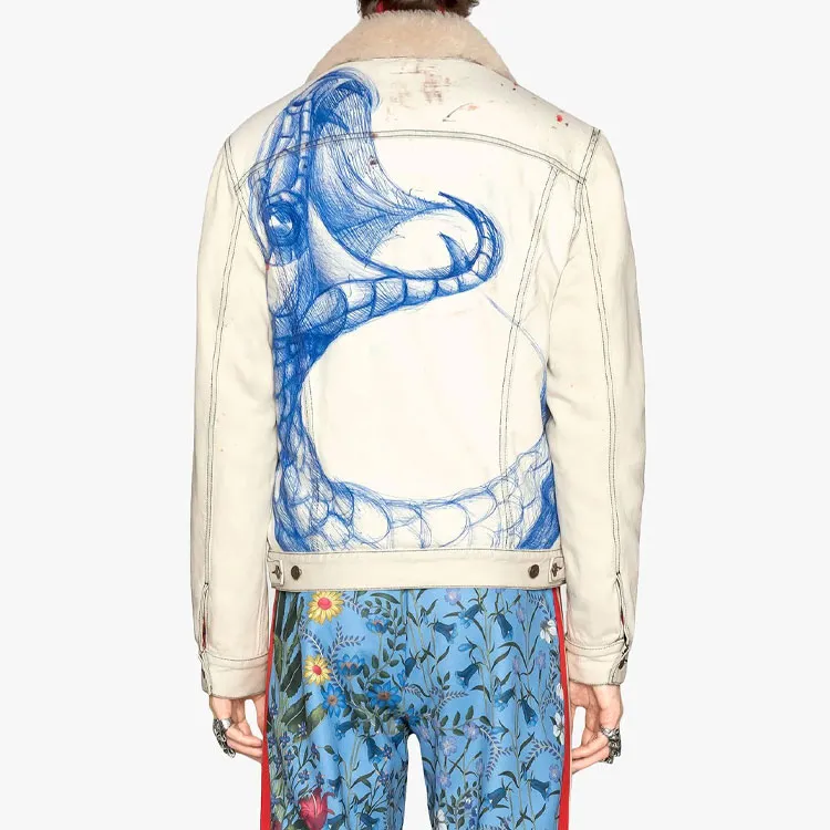 GUCCI Shearling Lined Denim Jacket With Sketch Snake Print-3
