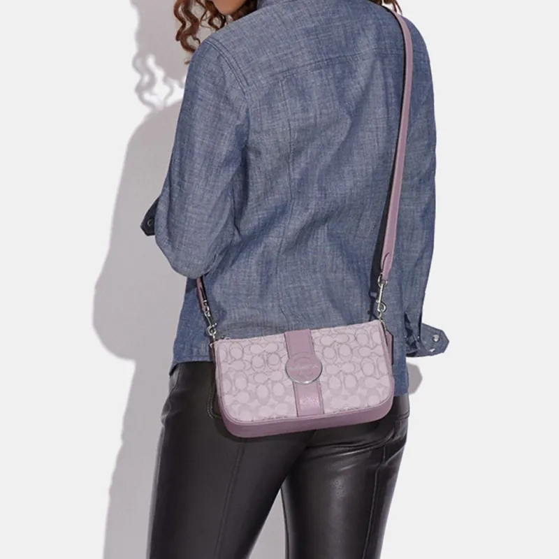COACH Lonnie Jacquard Fabric With Leather Shoulder Bag Portable Crossbody Bag Shoulder Bag Women's Lilac Purple-3