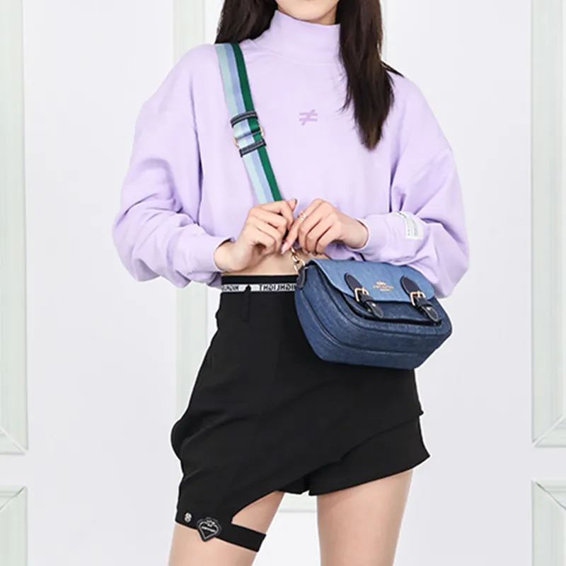 COACH Lucy Fabric Cow Leather Patchwork Shoulder Bag Crossbody Bag Small Size Women's Denim Blue-6