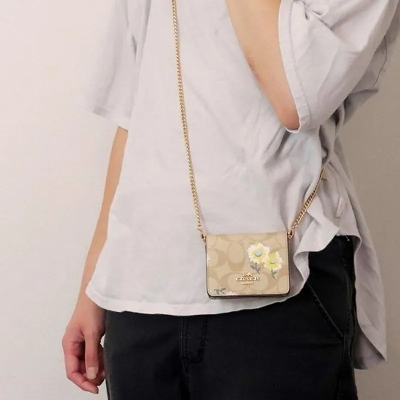 COACH Canvas With Leather Chain Bag, One Shoulder, Crossbody, Clutch, Wallet Mini Women's Khaki Monogram-2