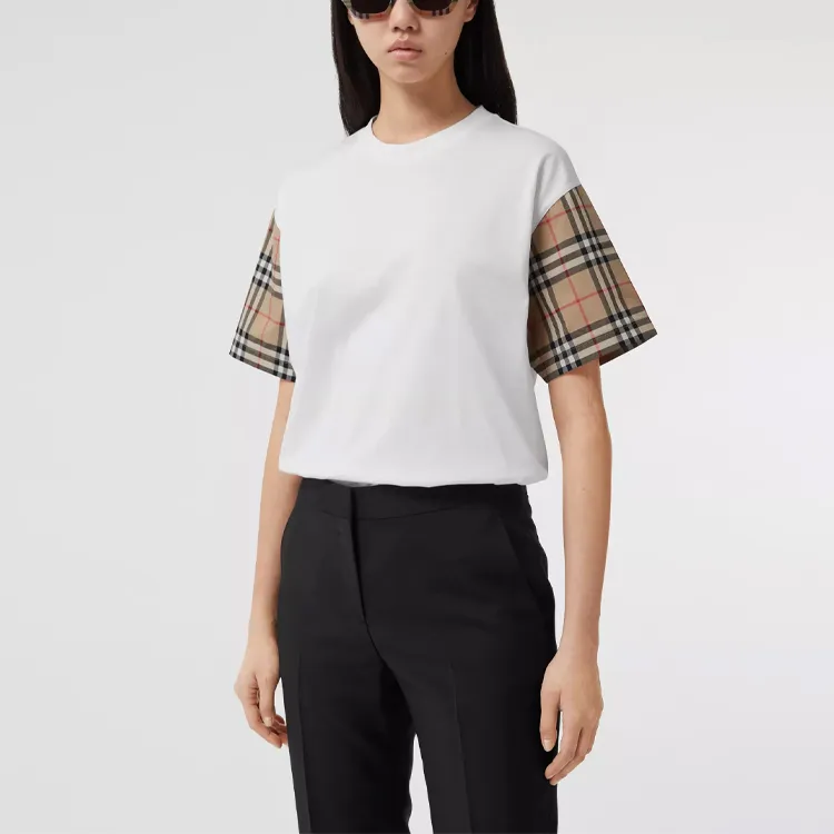 Burberry Vintage Check Sleeve Cotton Oversized Women's T Shirt White/Archive Beige-6