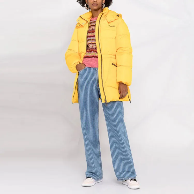 GANNI FW21 Letter Hooded Mid Length Puffer Jacket Women's Yellow-1