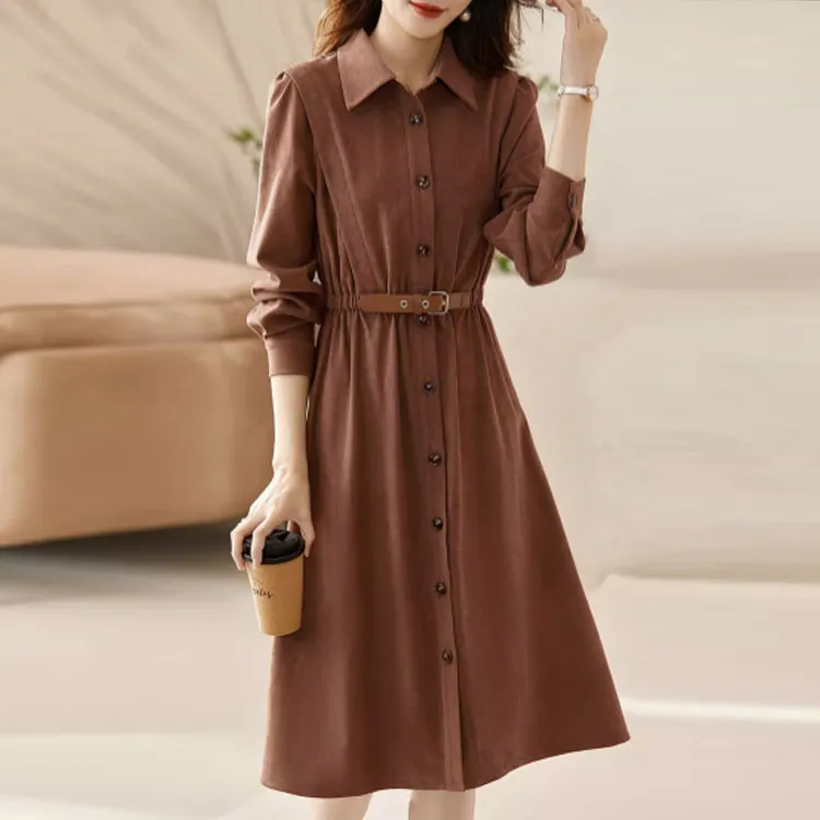OUNIXUE Long Sleeved Dresses Women's Red Coffee-1