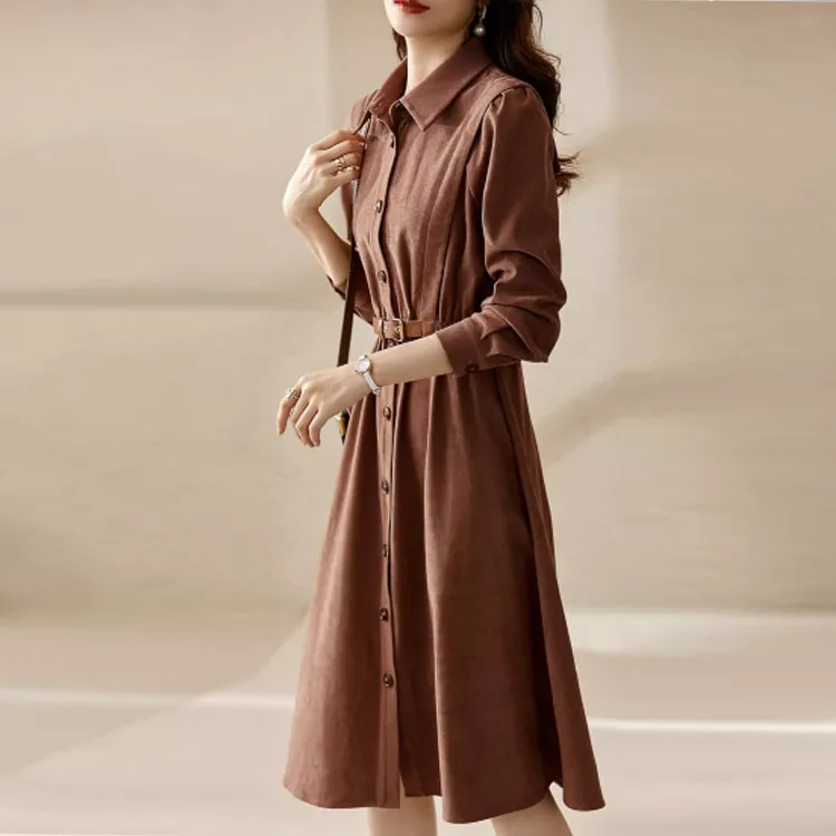 OUNIXUE Long Sleeved Dresses Women's Red Coffee-3