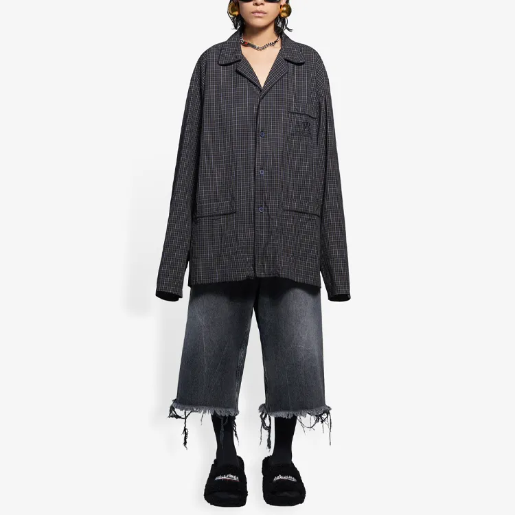 Balenciaga Mirco Tartan Oversized Shirt 'Dark Navy/Khaki'-4