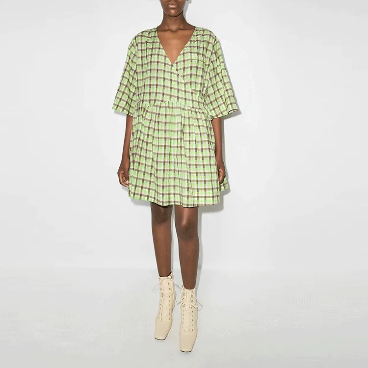 GANNI Seersucker Check Dress 'Gray'-1