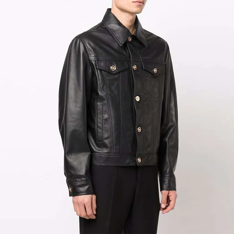 VERSACE Leather Jackets Men Black-3
