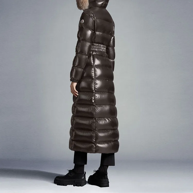 Moncler Solid Color Hooded Long Down Jacket Women's Dark Gray-1