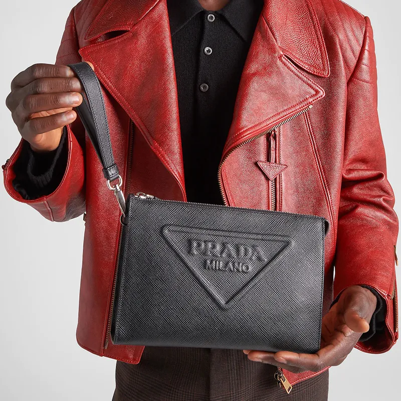 PRADA Saffiano Leather Clutch Regular Men's Black-3