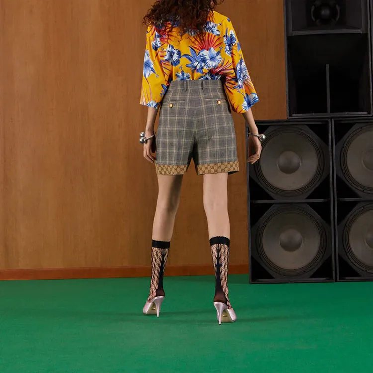 GUCCI Plaid Printed Linen And Wool Shorts Grey-2